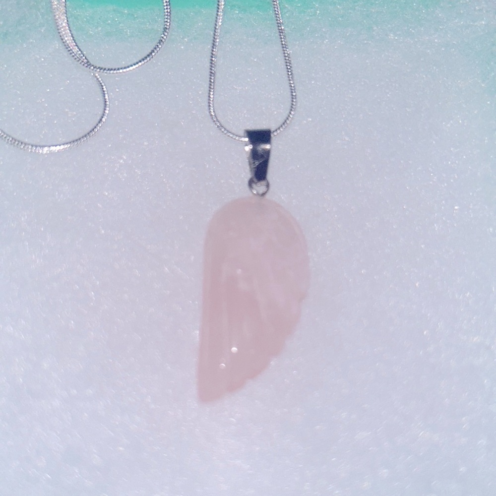 Boho hippie Rose Quartz Crystal Angel Wing Sterling Silver Necklace 16”
